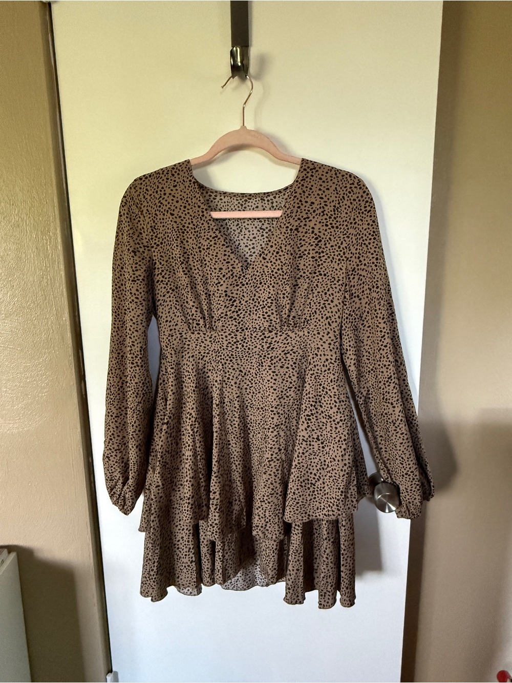 SHEIN Brown Spotted Long Sleeve Tiered Mini Dress